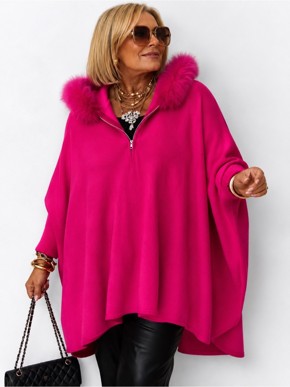 Pretty in Pink! Luxurious soft faux fur trim oversize hooded sweater